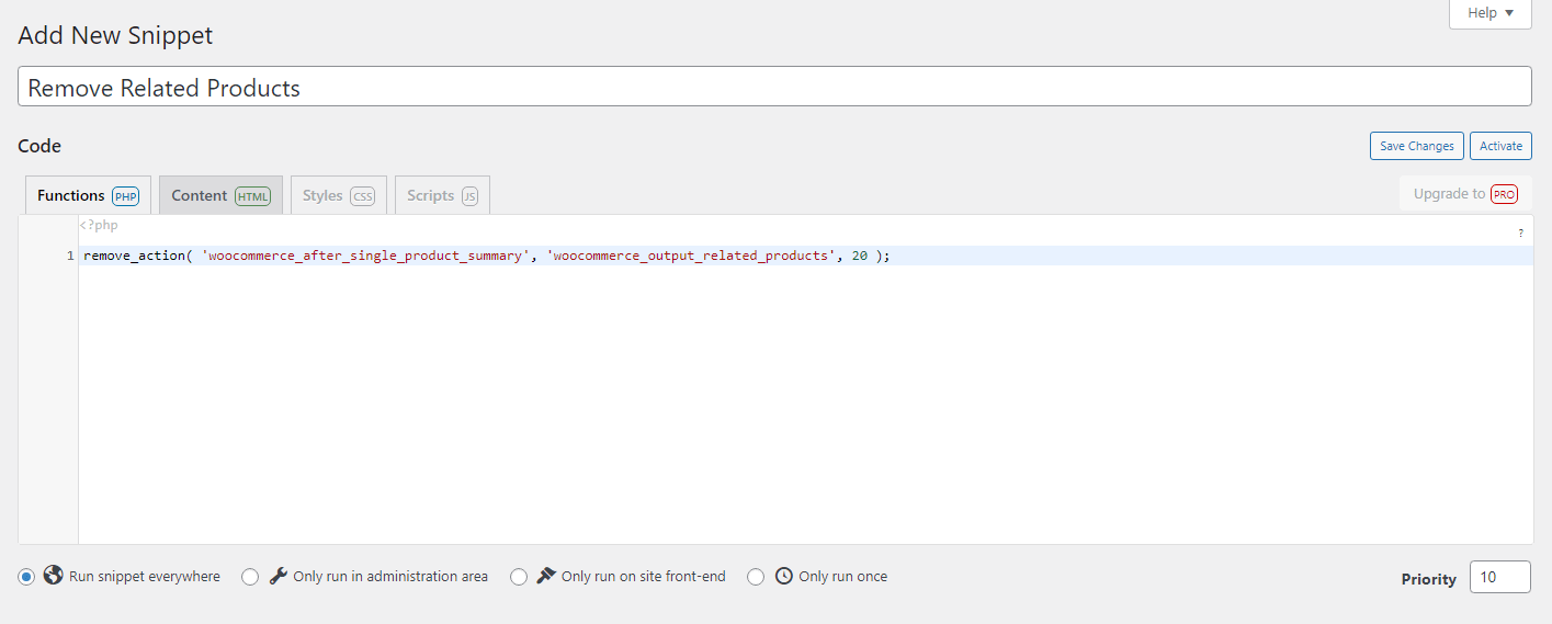 setup code snippets plugin to remove related products