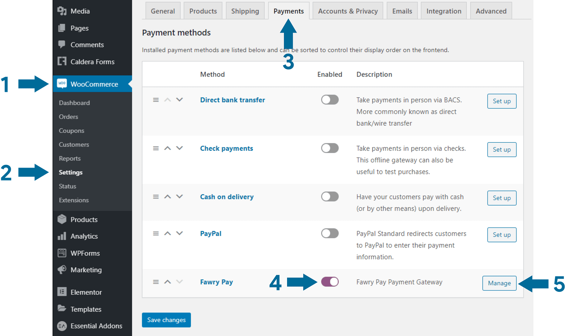 enable fawry pay plugin in woocommerce settings