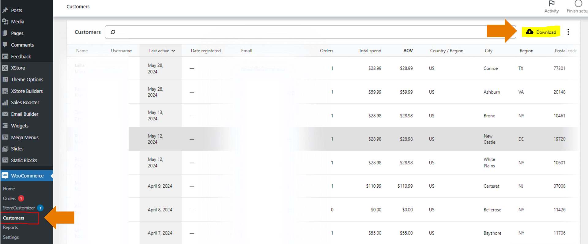 export customer data from woocommerce