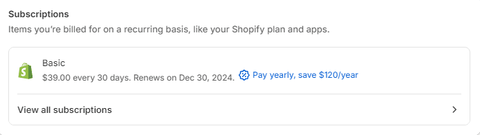 App subscription section in Shopify